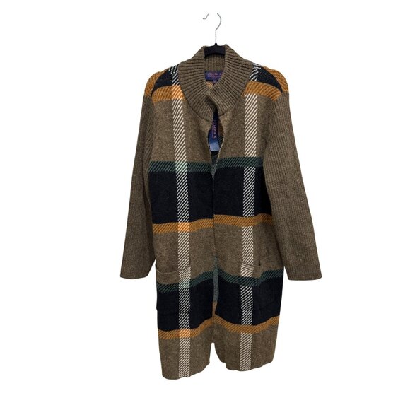Joseph A. Women's Open Front Long Cardigan Sweater Chocolate Plaid Ribbed Knit 1 - Picture 2 of 7